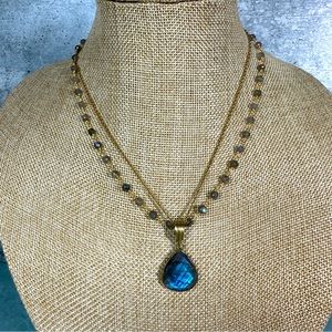 Grace blue iridescent teardrop pendant with double chain detail blue beads